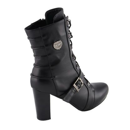 Milwaukee Leather MBL9431 Women's Black Lace-Up Fashion Boots with Block Heel and Buckle Strap