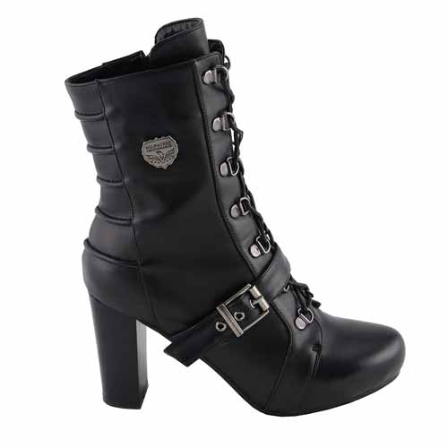 Milwaukee Leather MBL9431 Women's Black Lace-Up Fashion Boots with Block Heel and Buckle Strap