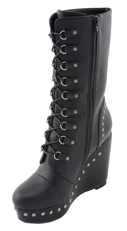 Milwaukee Leather MBL9438 Women's Black Tall Lace-Up Fashion Casual Boots with Platform Wedge