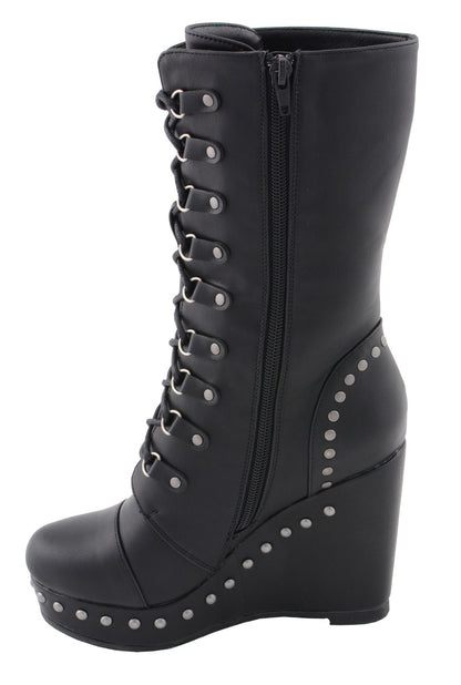 Milwaukee Leather MBL9438 Women's Black Tall Lace-Up Fashion Casual Boots with Platform Wedge