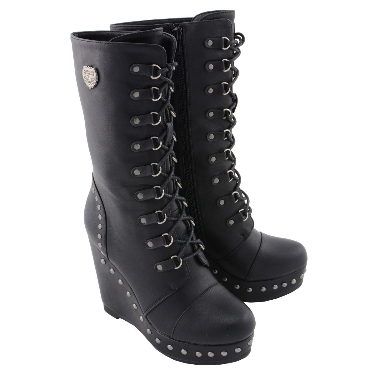 Milwaukee Leather MBL9438 Women's Black Tall Lace-Up Fashion Casual Boots with Platform Wedge