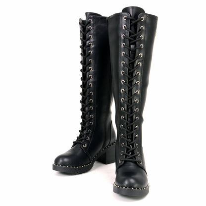 Milwaukee Leather MBL9442 Women's Black Lace-Up Tall Biker Fashion Boots with Platform Heel & Studs