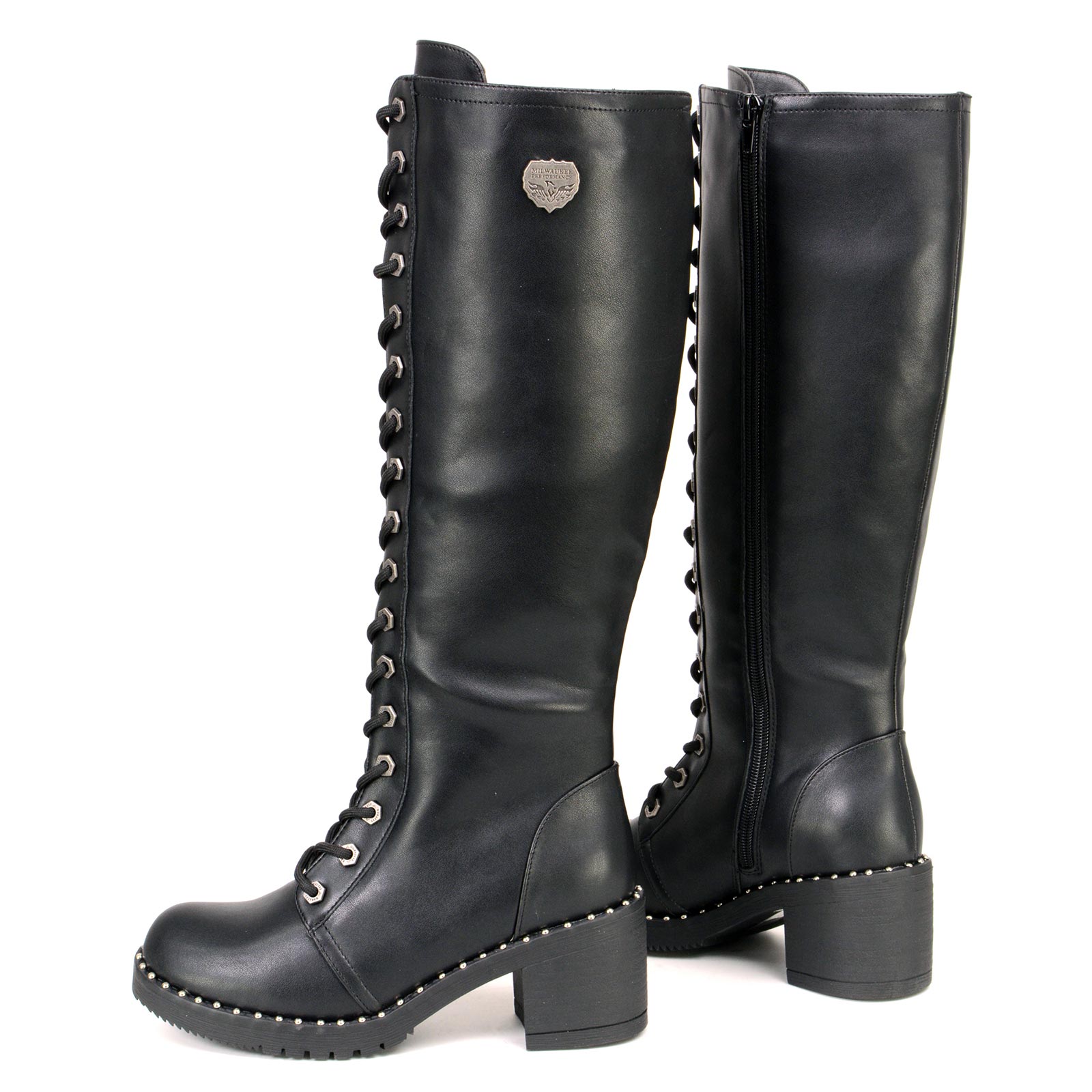 Milwaukee Leather MBL9442 Women's Black Lace-Up Tall Biker Fashion Boots with Platform Heel & Studs