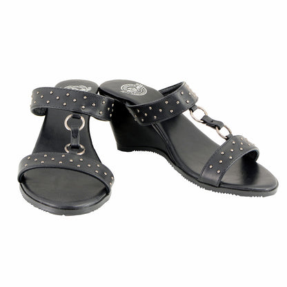 Milwaukee Leather MBL9450 Women's Black Studded Double Strap Fashion Casual Wedge Sandals