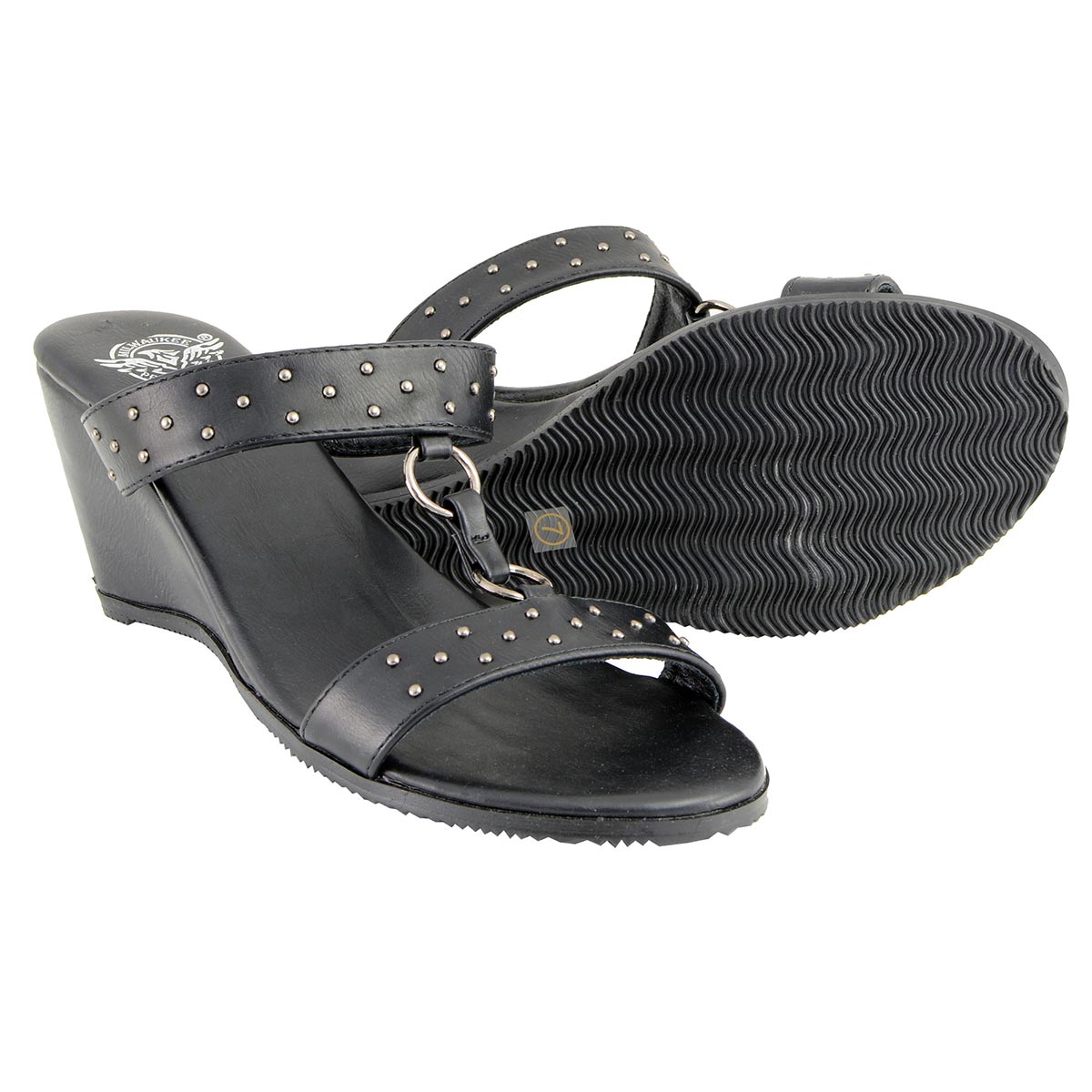 Milwaukee Leather MBL9450 Women's Black Studded Double Strap Fashion Casual Wedge Sandals