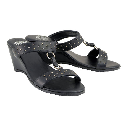 Milwaukee Leather MBL9450 Women's Black Studded Double Strap Fashion Casual Wedge Sandals