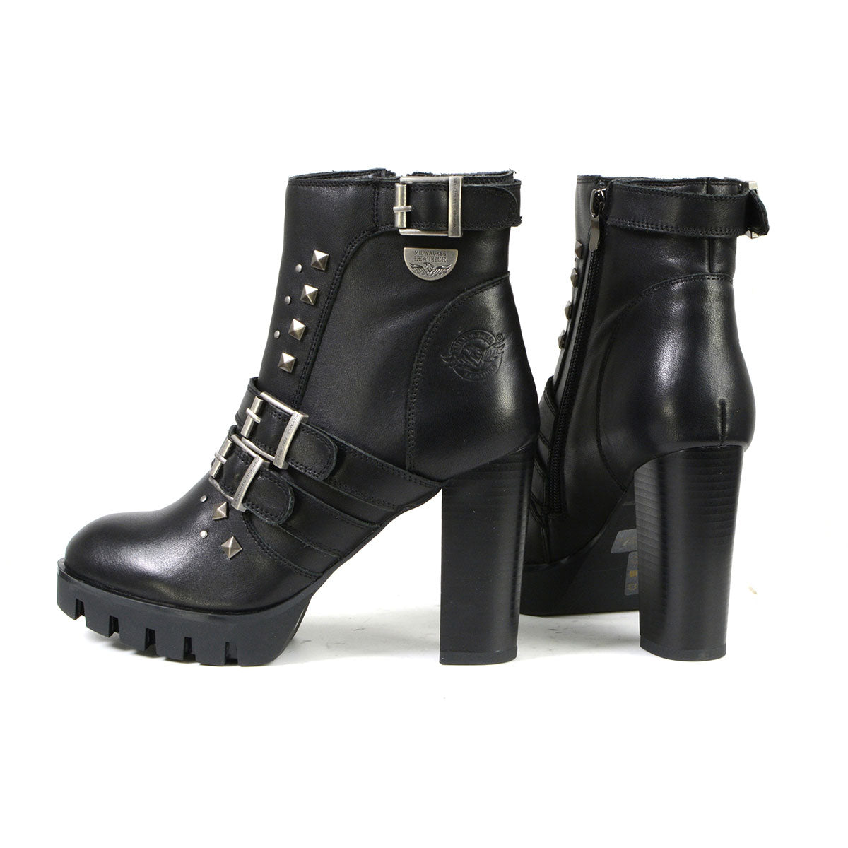 Milwaukee Leather MBL9456 Women's Premium Black Leather Fashion Platform Boots with Straps