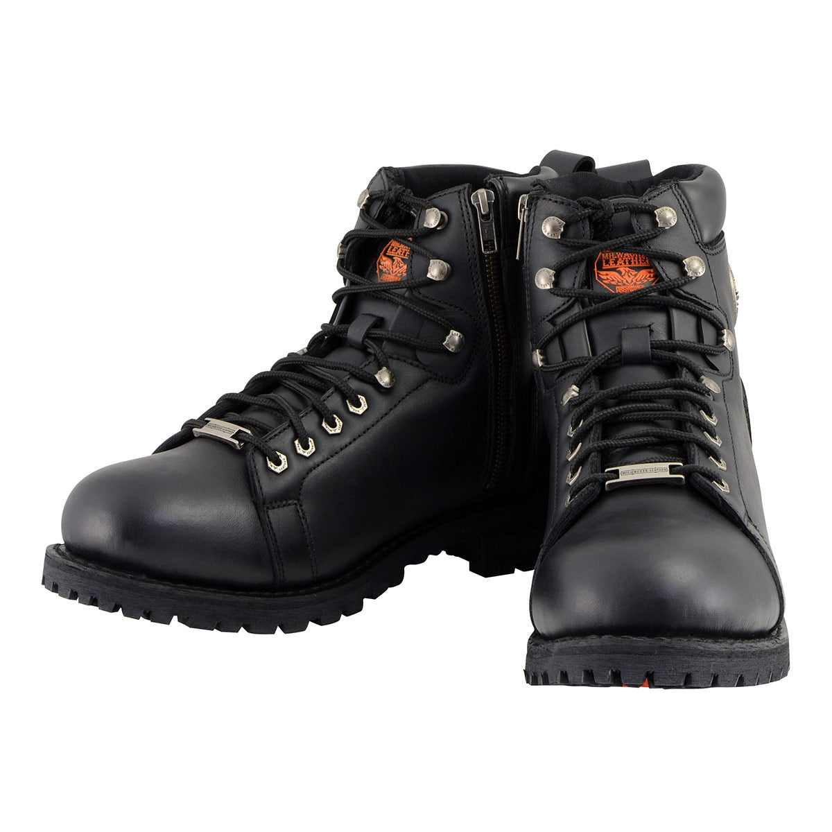 Milwaukee Leather MBM100W Men's Black Leather Wide-Width Lace-Up Motorcycle Boots with Side Zipper