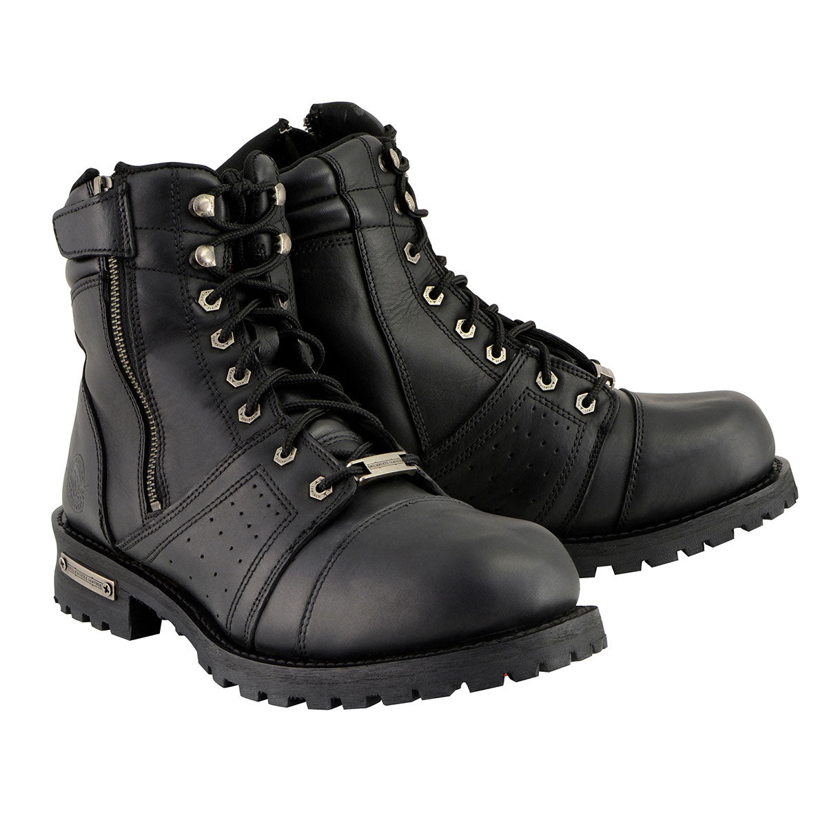 Milwaukee Leather MBM9000W Men's Black Lace-Up 'Wide-Width' Motorcycle Leather Boots with Side Zipper Entry