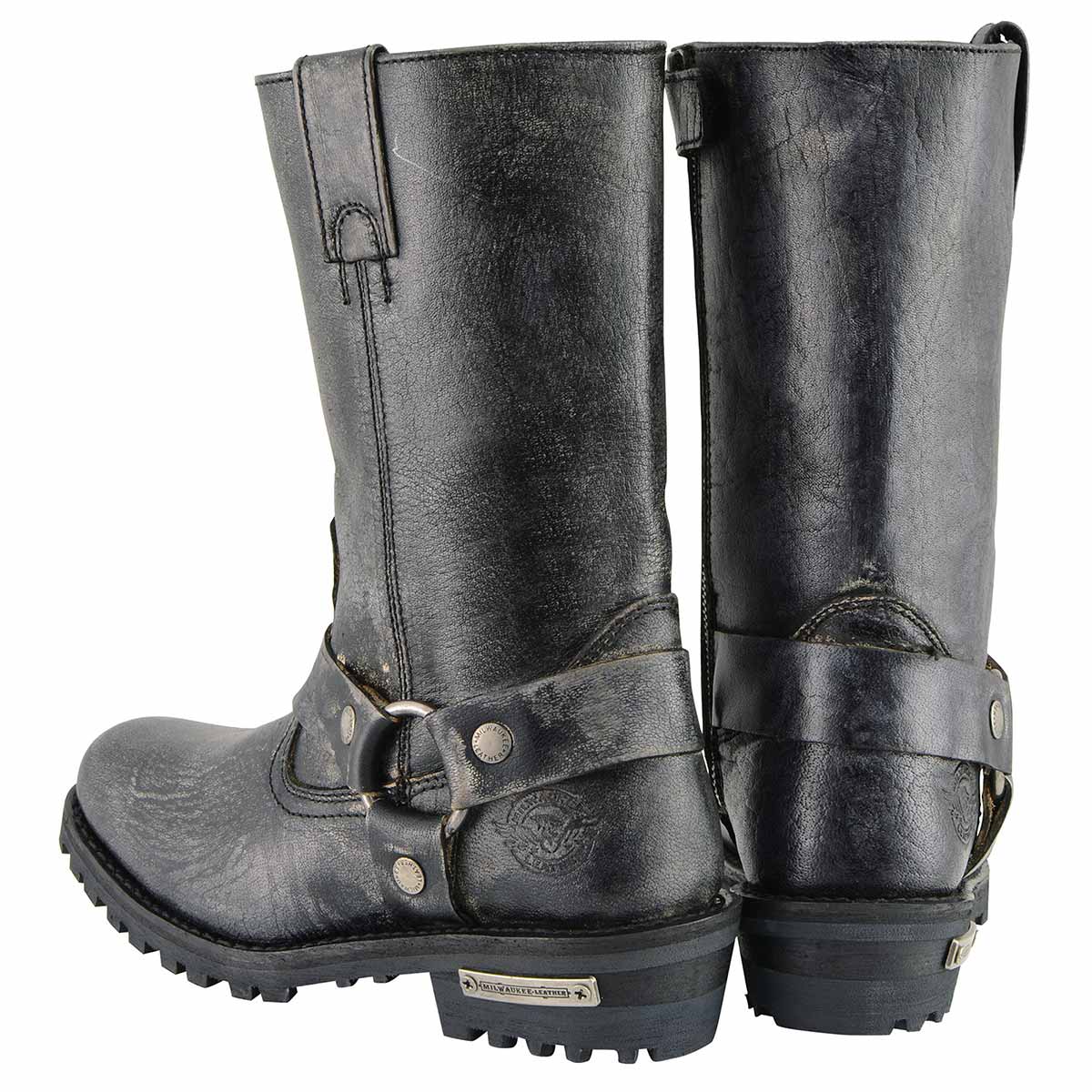 Milwaukee Leather MBM9006 Men's Distressed Gray Leather 11-inch Classic Harness Square Toe Motorcycle Boots