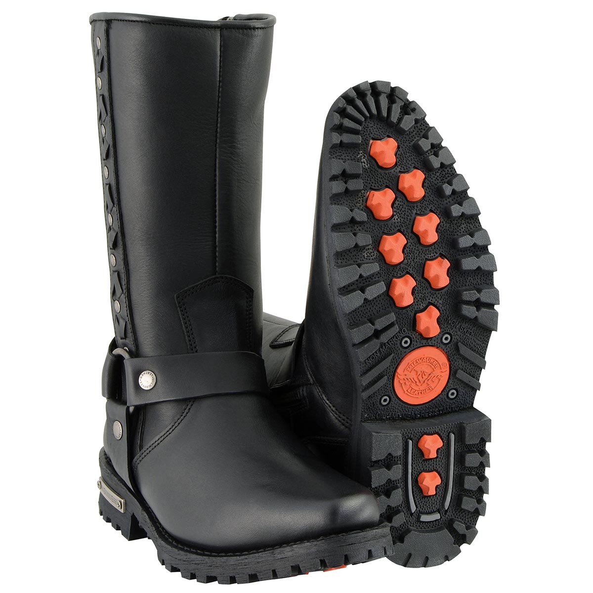 Milwaukee Leather MBM9025 Men's Black Harness Motorcycle Boots with Braid and Riveted Details