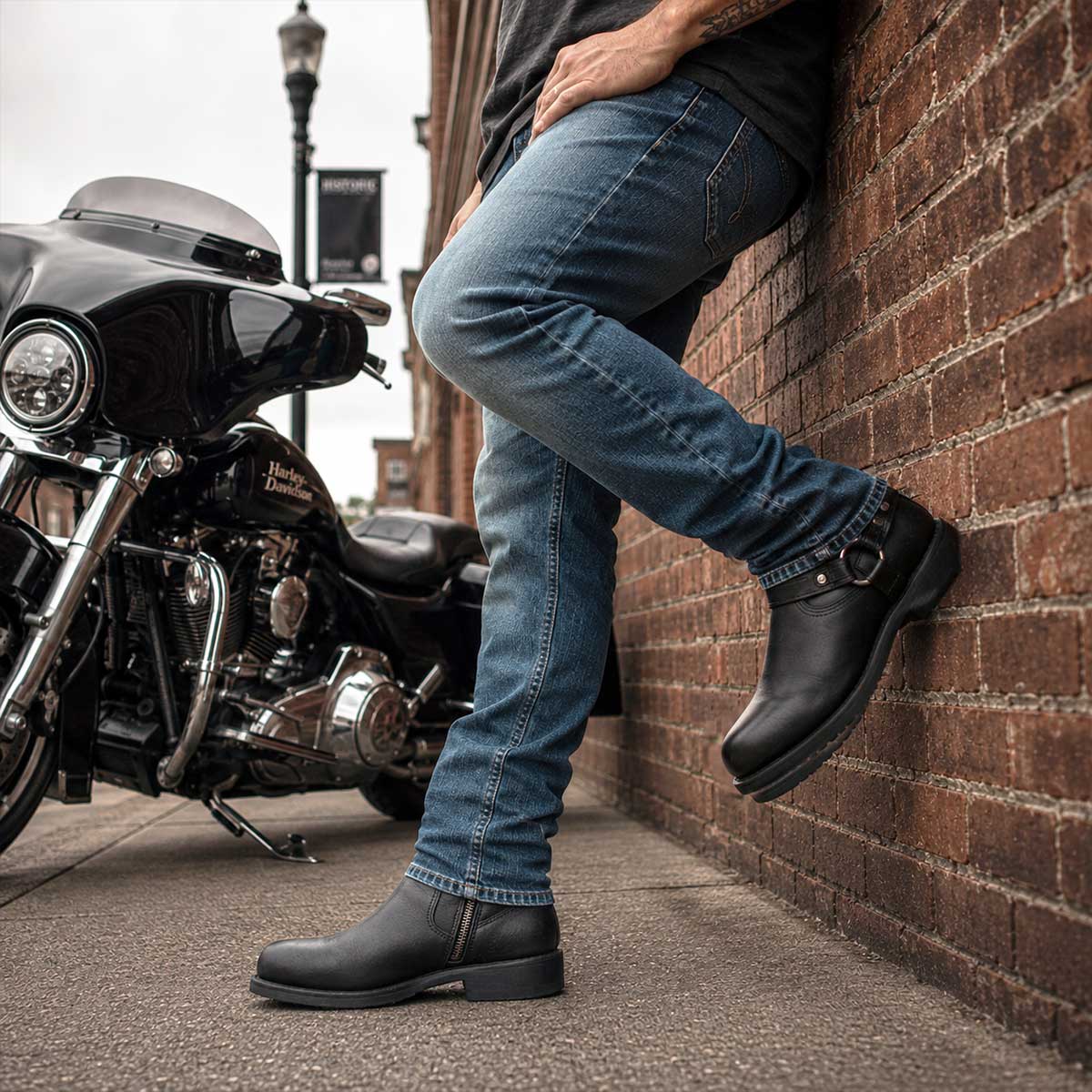 Milwaukee Leather MBM9042 Men's Black Ruf Leather Short Harness Motorcycle Boots w/ Inside Zipper