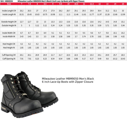 Milwaukee Leather MBM9050 Men's Black 6-inch Lace-Up Boots with Zipper Closure