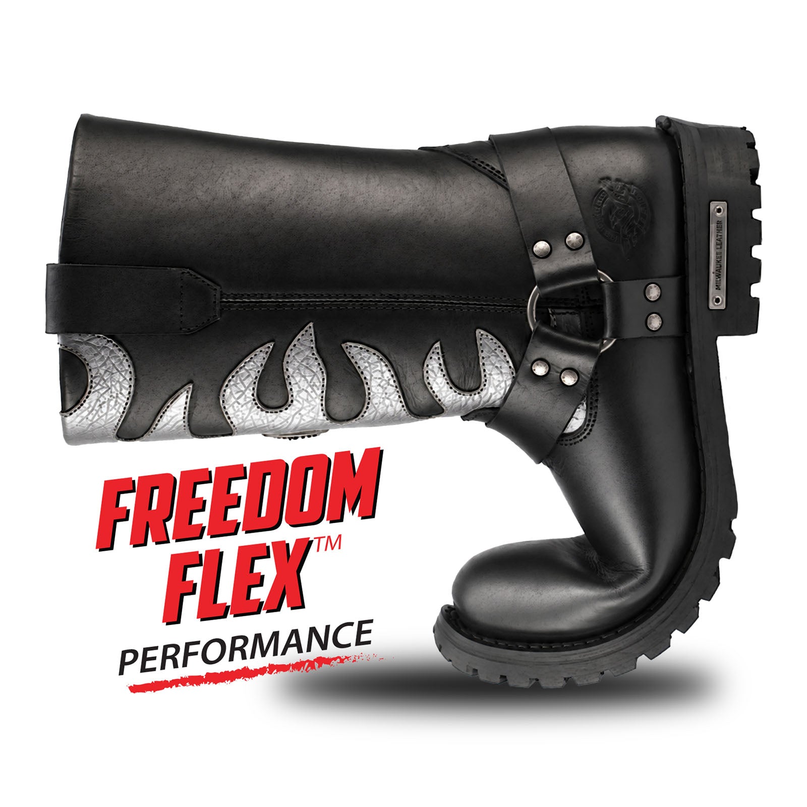 Milwaukee Leather Men’s Fire Fight Harness Boots – Black Leather w/ Silver Flames, 11″ Square Toe, Inside Zipper - MBM9067