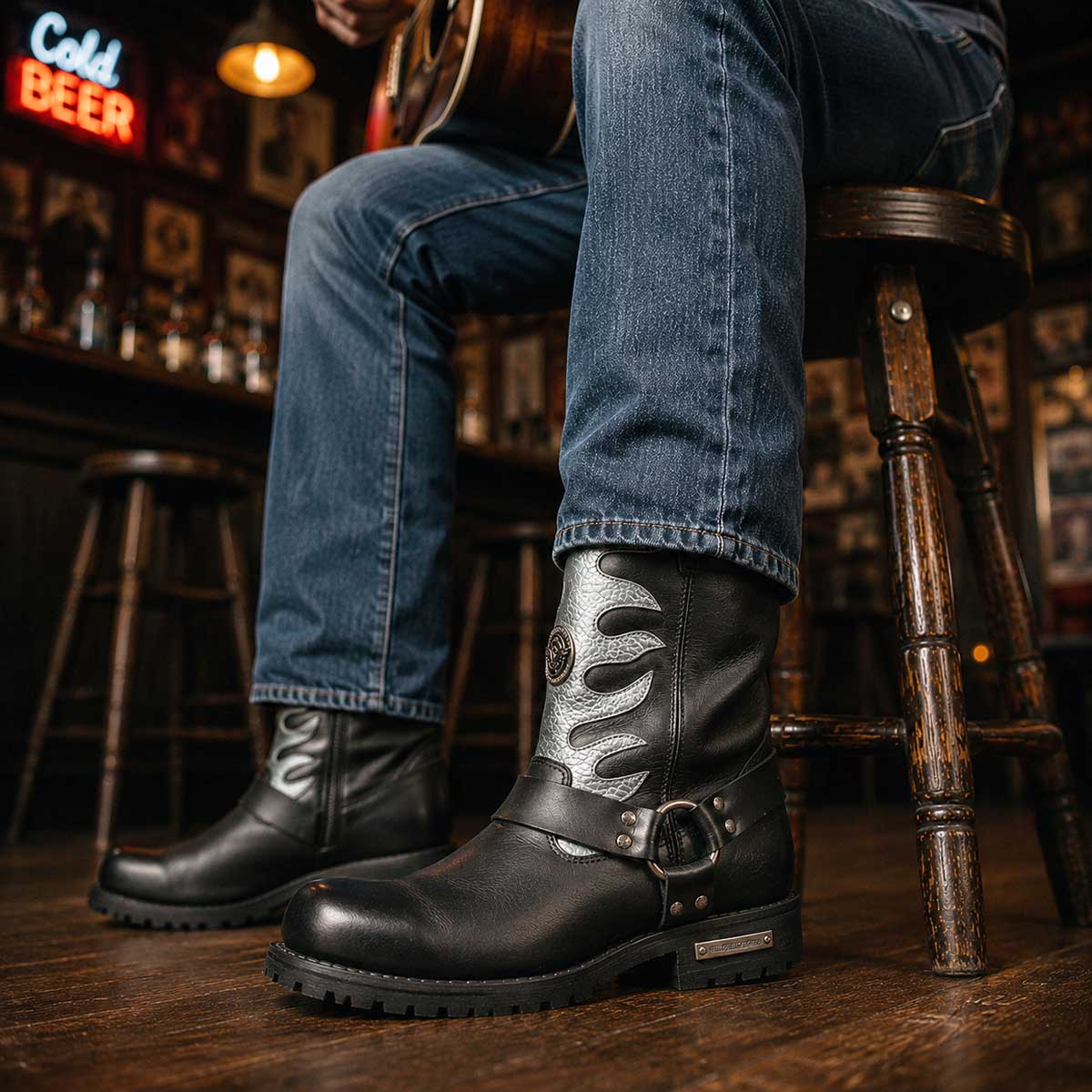 ハーレーダビッドソン　マニホールド・ブラックレザーモーターサイクル・ブーツ Milwaukee Leather Men's Fire Fight Harness Boots – Black Leather w
