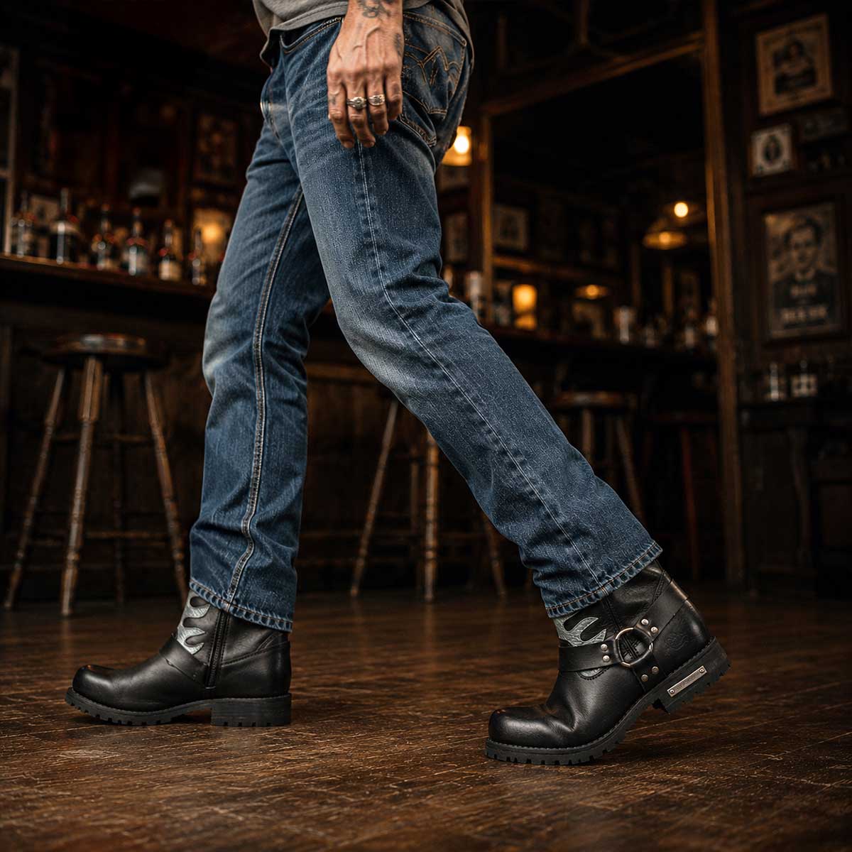 Milwaukee Leather Men’s Fire Fight Harness Boots – Black Leather w/ Silver Flames, 11″ Square Toe, Inside Zipper - MBM9067