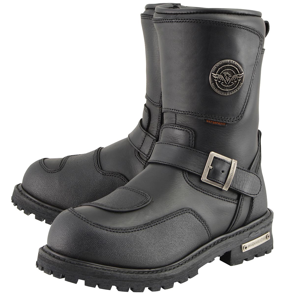 Milwaukee Leather MBM9071WP Men's Black 'Wide Width' 9-inch Waterproof Engineer Leather Biker Boots with Reflective Piping