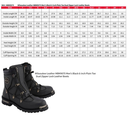 Milwaukee Leather MBM9075 Men's Black Leather 6-inch Plain Toe Dual Zipper Motorcycle Rider Boots