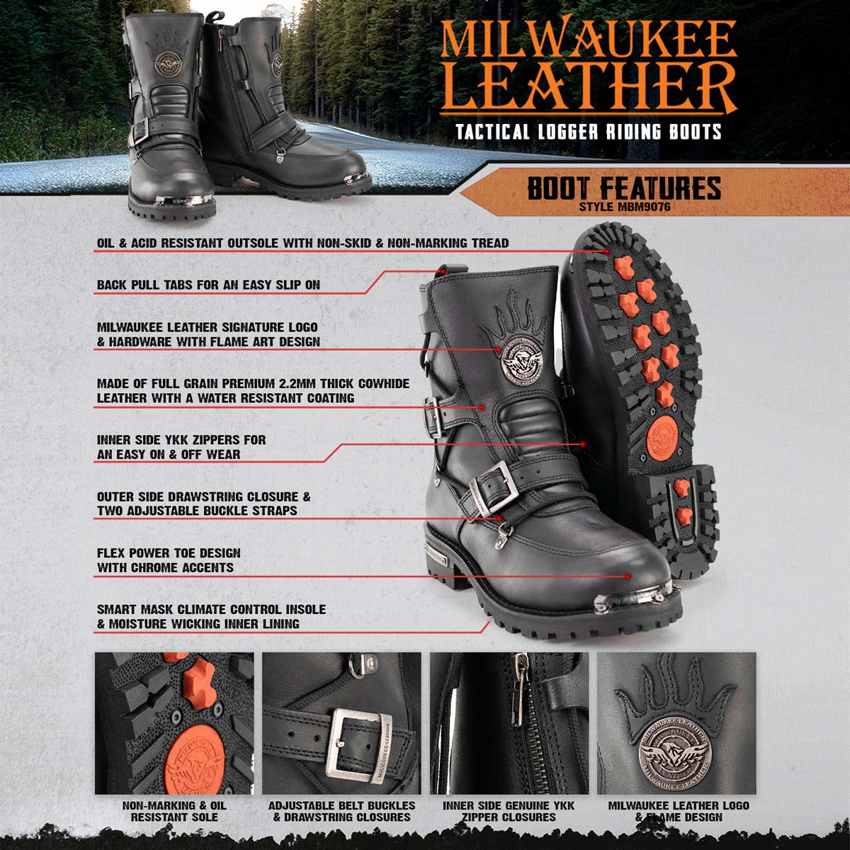 Milwaukee Leather MBM9076 Men’s Black Tactical Logger Leather Boots with Buckle Enhancement