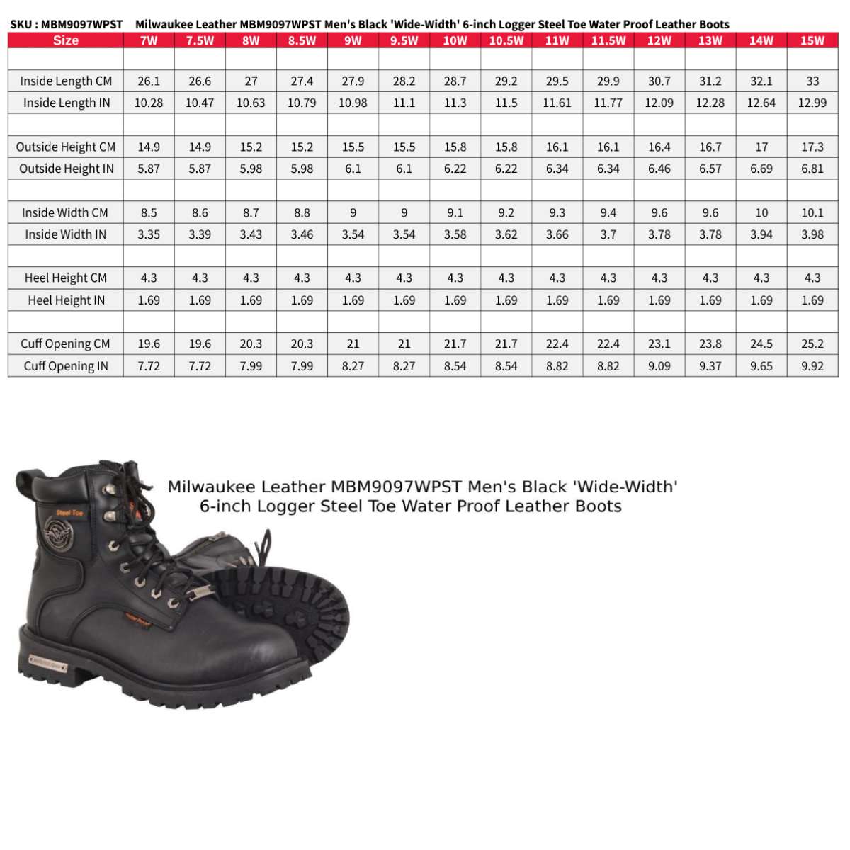 Milwaukee Leather MBM9097WPST Men's Black Wide-Width 6-inch Logger