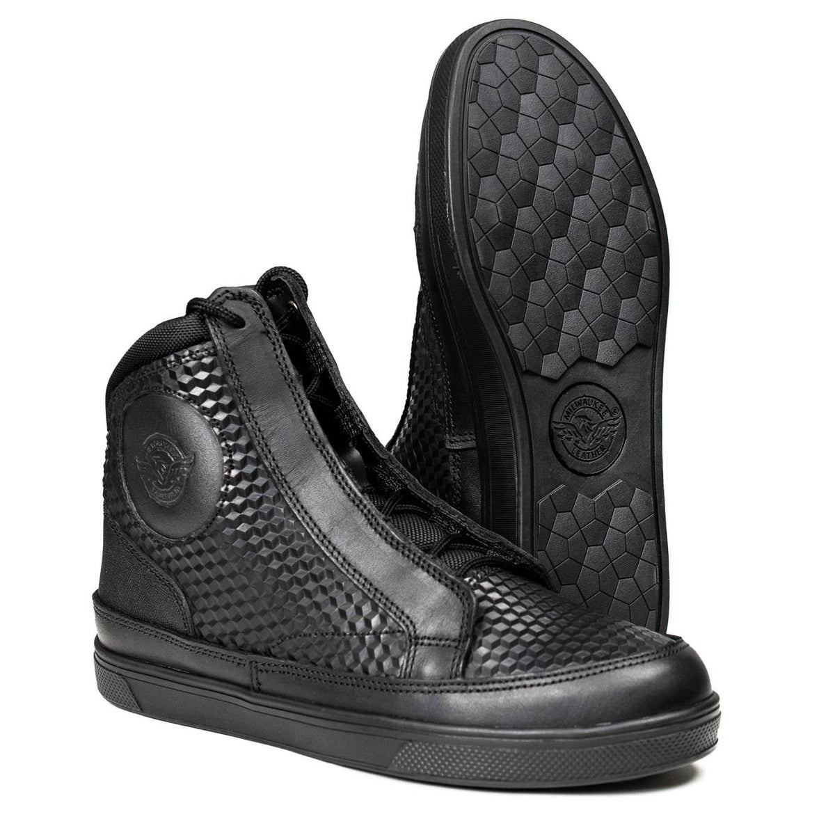 Milwaukee Leather Men's Black Leather Diamond Patterned Reinforced Street Biker Riding Shoes w/ Ankle Support - MBM9104