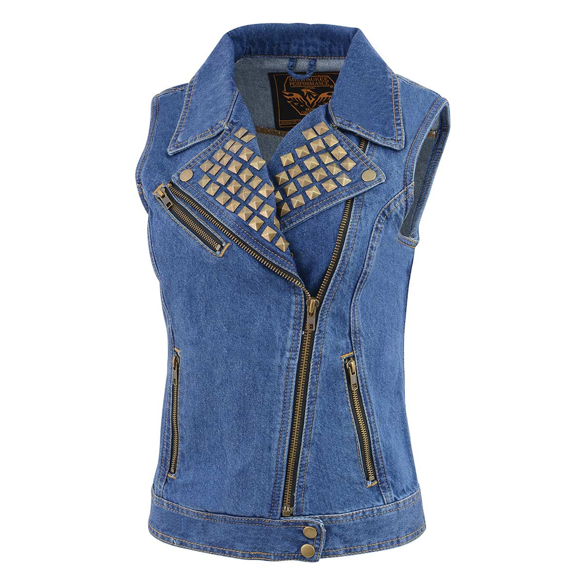 Milwaukee Leather MDL4030 Women's Blue Denim Zipper Front Motorcycle Vest with Studded Spikes