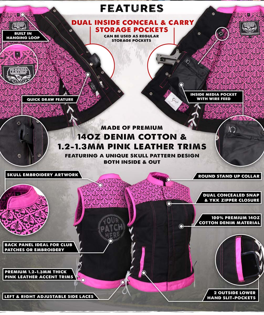 タグ付き未使用 Rosymonster flower quilting vest Milwaukee Leather MDL4051 Women's 'Skelly' Black with Pink