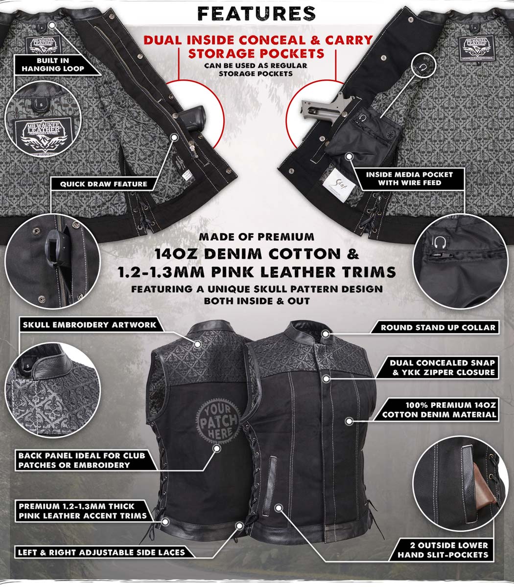 Milwaukee Leather MDL4052 Women's 'Skelly' Black Motorcycle Denim