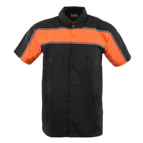 Milwaukee Leather MDM11673 Men’s Black-Orange Mechanic Work Shirt w/ Reflective Strip - Heavy-Duty Button-Up