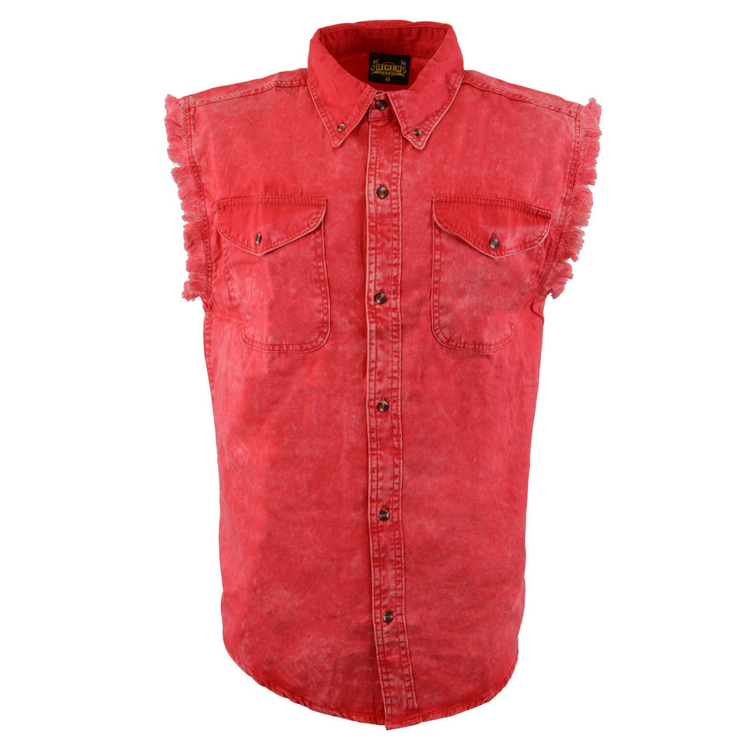 Milwaukee Leather MDM11681 Men’s Classic Red Button-Down Cut Off Frayed Sleeveless Casual Shirt