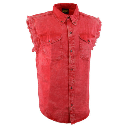 Milwaukee Leather MNG11681 Men’s Classic Red Button-Down Cut Off Frayed Sleeveless Casual Shirt