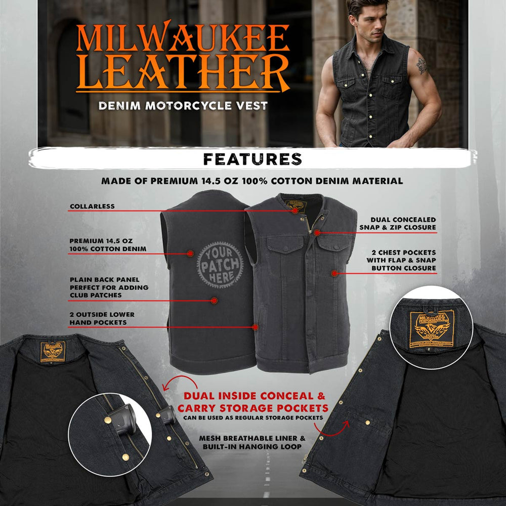 Milwaukee Leather MDM3001 Men's 'Covert' Black Denim Collarless Club Style Motorcycle Biker Vest w/ Dual Closure