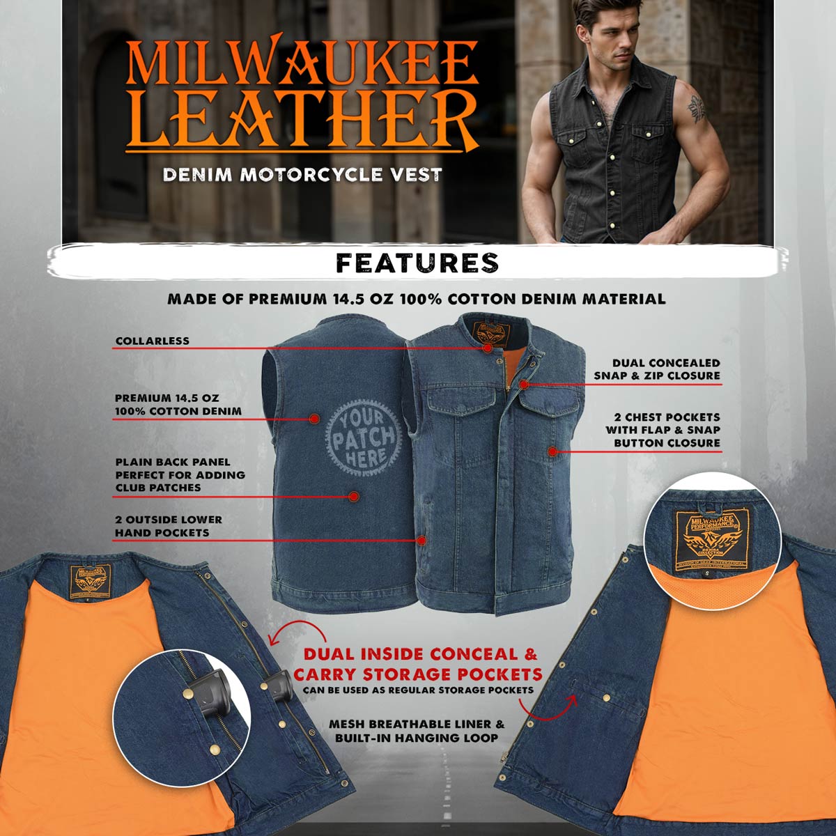 Milwaukee Leather MDM3001 Men's 'Covert' Blue Denim Collarless