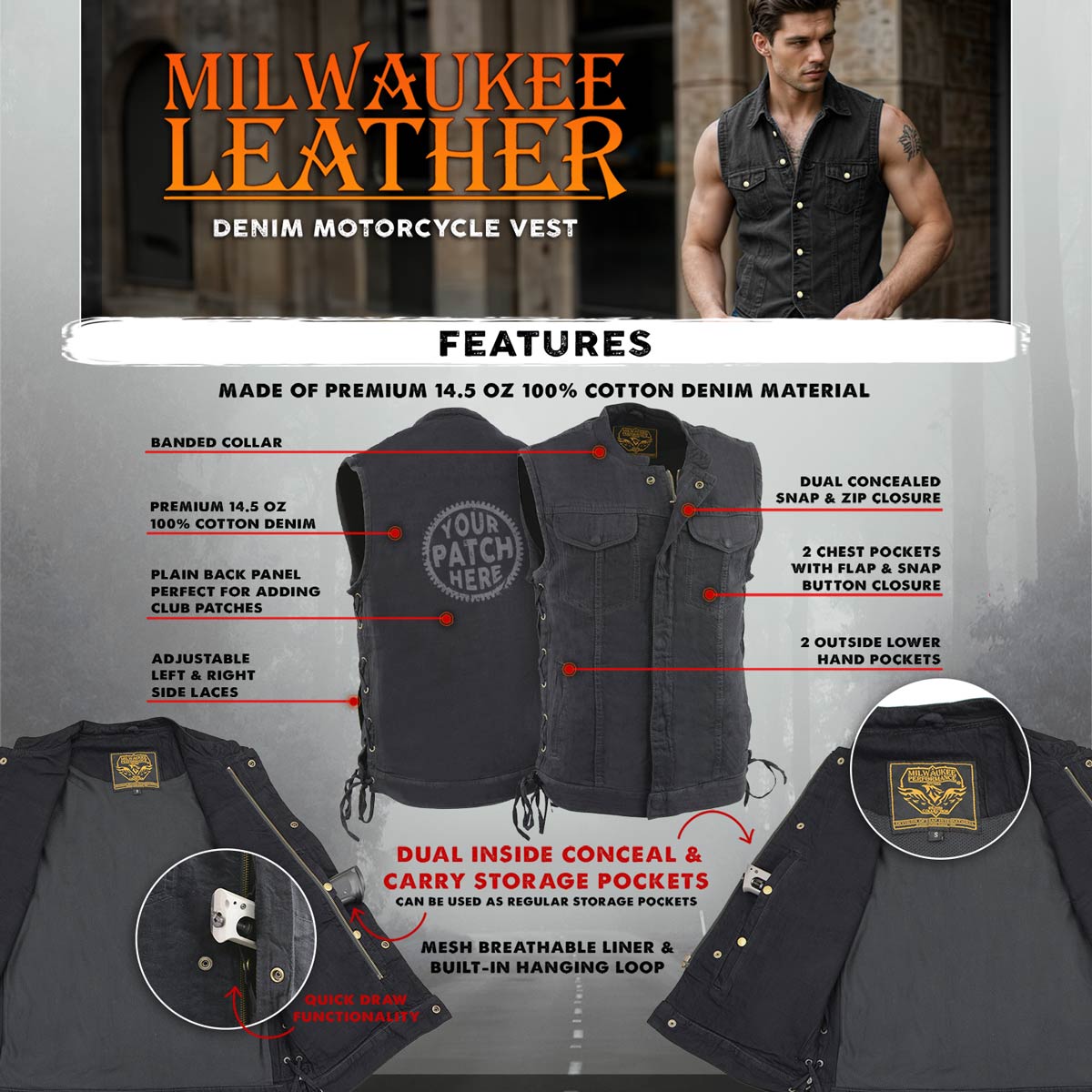 Milwaukee Leather MDM3002 Men's ‘Covert’ Black Denim Club Style Vest with Side Lace Adjustment