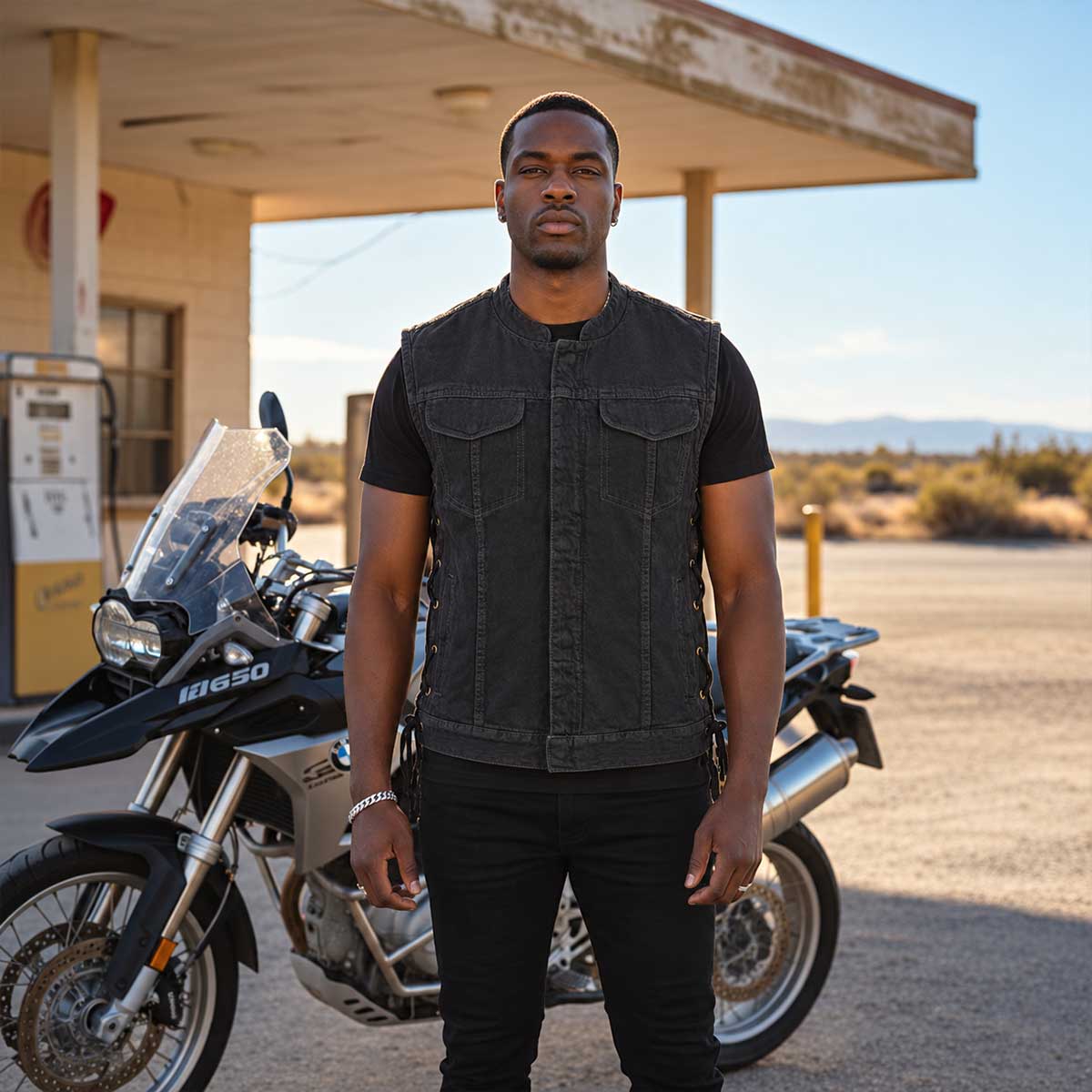 Milwaukee Leather MDM3002 Men's ‘Covert’ Black Denim Club Style Vest with Side Lace Adjustment
