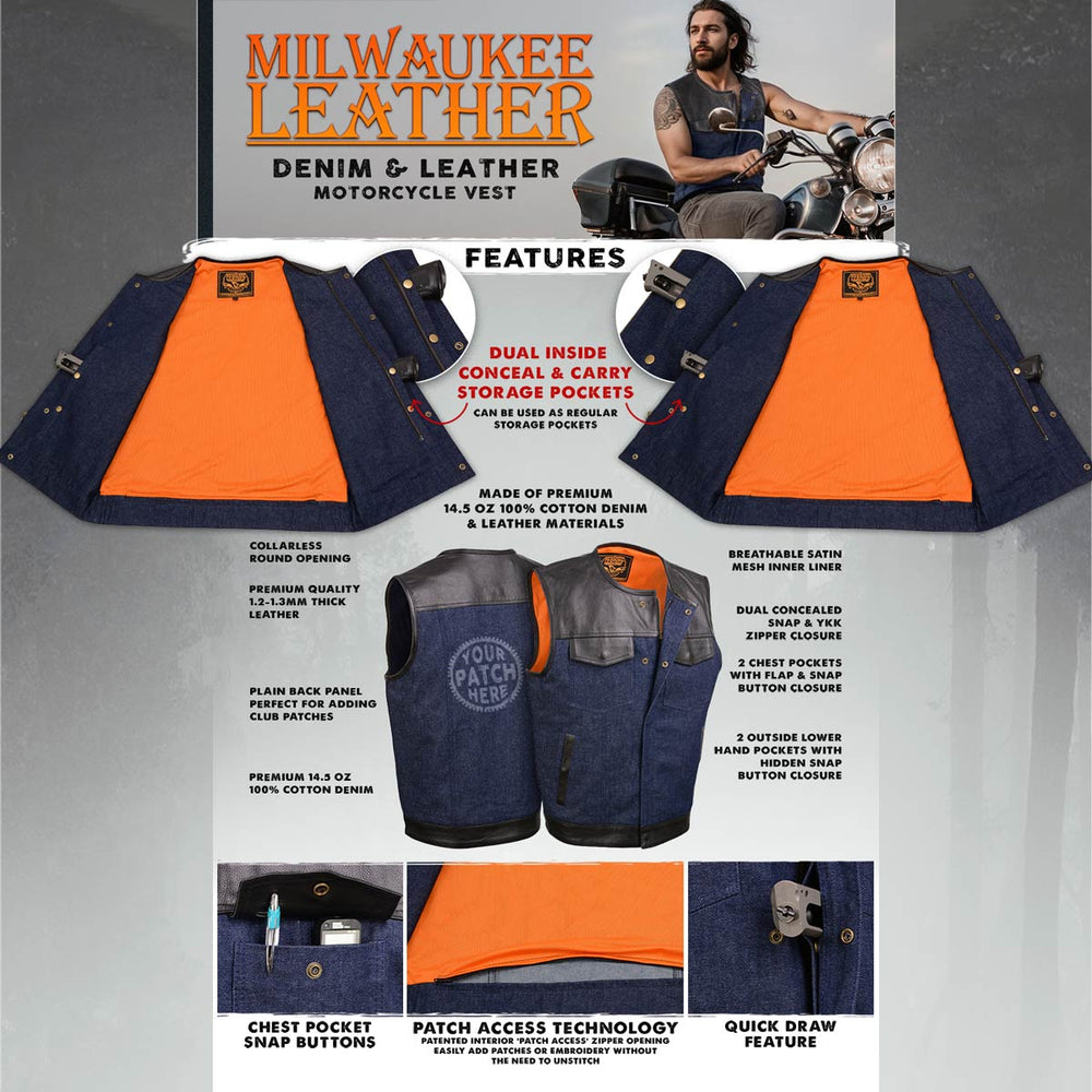 Milwaukee Leather MDM3004 Men's Brute Dual Closure Blue Denim and Black Leather Club Style Vest
