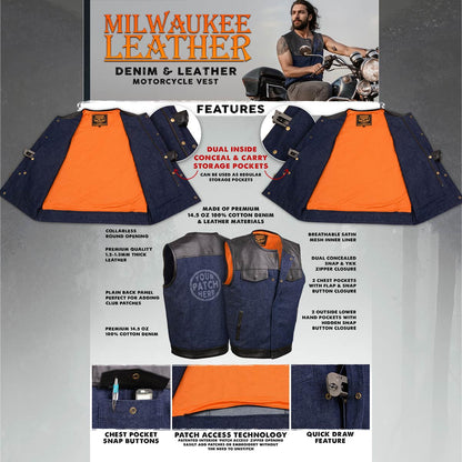 Milwaukee Leather Men's Brute Dual Closure Blue Denim and Black Leather Club Style Vest MDM3004