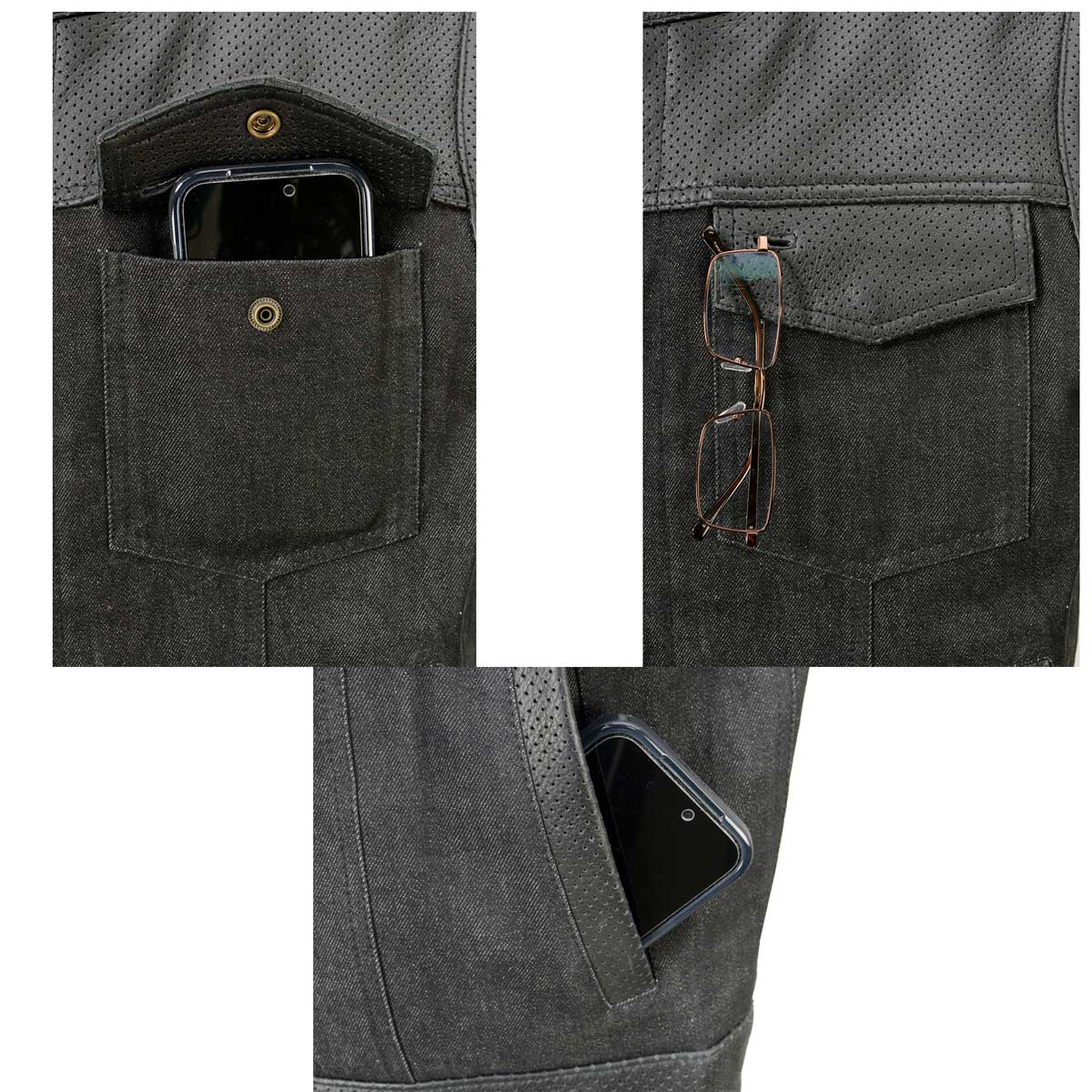 Milwaukee Leather MDM3008 Men's 'Brute' Black Perforated Leather and Denim Club Style Vest w/ Hidden Dual Closure