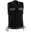 Milwaukee Leather MDM3011 Men's Black 'Hidden Zipper' Side Lace Motorcycle Rider Denim Vest w/ Leather Trim