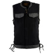 Milwaukee Leather MDM3011 Men's Black 'Hidden Zipper' Side Lace Motorcycle Rider Denim Vest w/ Leather Trim