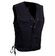 Milwaukee Leather MDM3013 Men's 'Brute' Concealed Snap Black Denim V-Neck Side Lace Club Style Vest w/Hidden Zipper