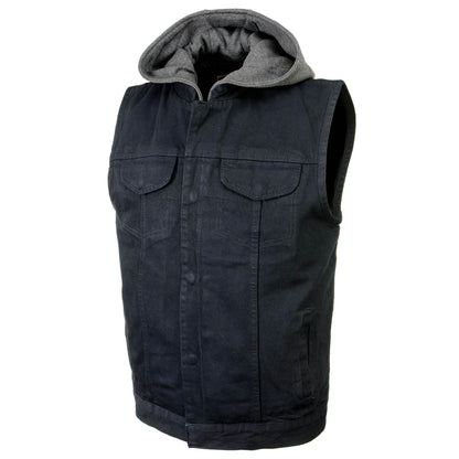 Milwaukee Leather MDM3015 Men's 'Rustic' Black Denim Motorcycle Riding Vest with Hoodie and Quick Draw Pocket