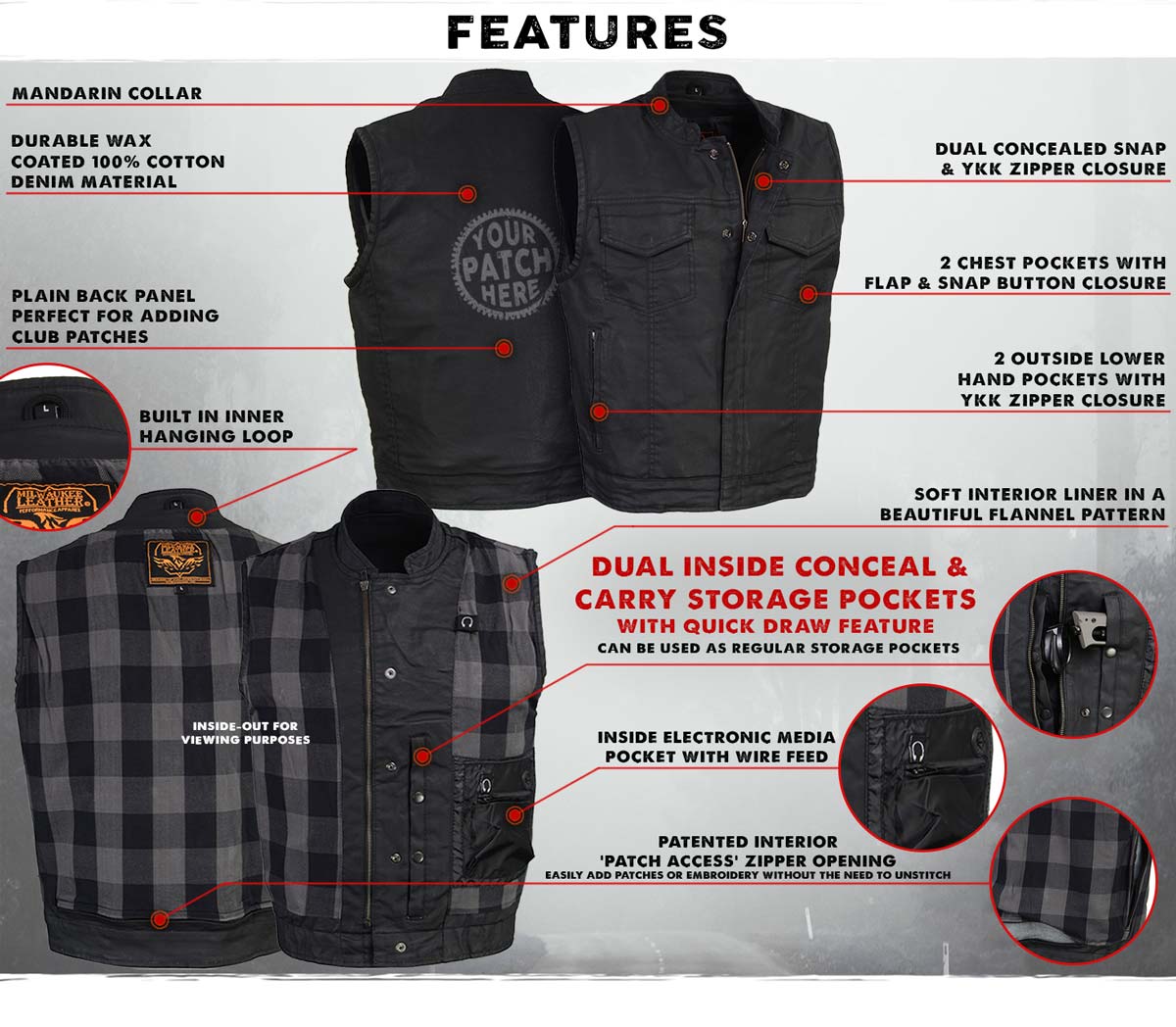 Milwaukee Leather MDM3025 Men’s Black Waxy Coated Denim Club Style Motorcycle Rider Vest w/ Shirt Collar