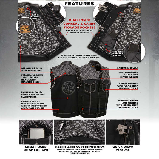 Milwaukee Leather MDM3035 Men's 'Wrecker' Black Denim and Leather Club Style Vest w/ Diamond Quilt Design