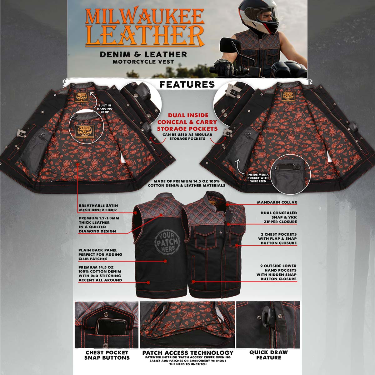 Milwaukee Leather MDM3036 Men's 'Wrecker' Black Denim and Leather Club Style Vest w/ Diamond Quilt Design