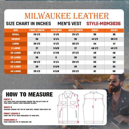 Milwaukee Leather MDM3036 Men's 'Wrecker' Black Denim and Leather Club Style Vest w/ Diamond Quilt Design