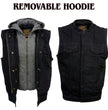 Milwaukee Leather Men's Rustic Black Denim Motorcycle Riding Vest with Removable Hoodie - MDM3082