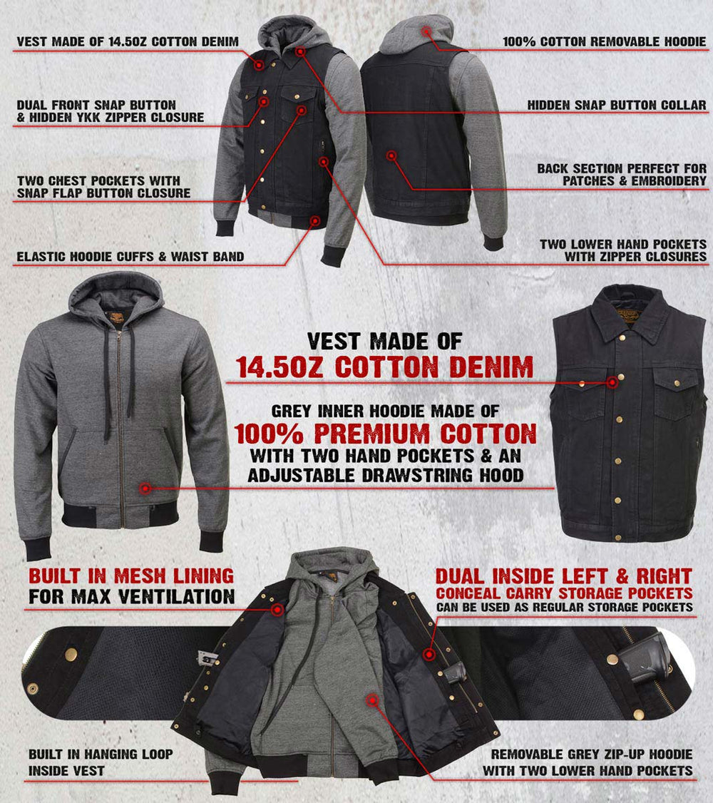Milwaukee Leather Men's s Black Denim Club Style Motorcycle Vest w/ Removable Hoodie - MDM3083