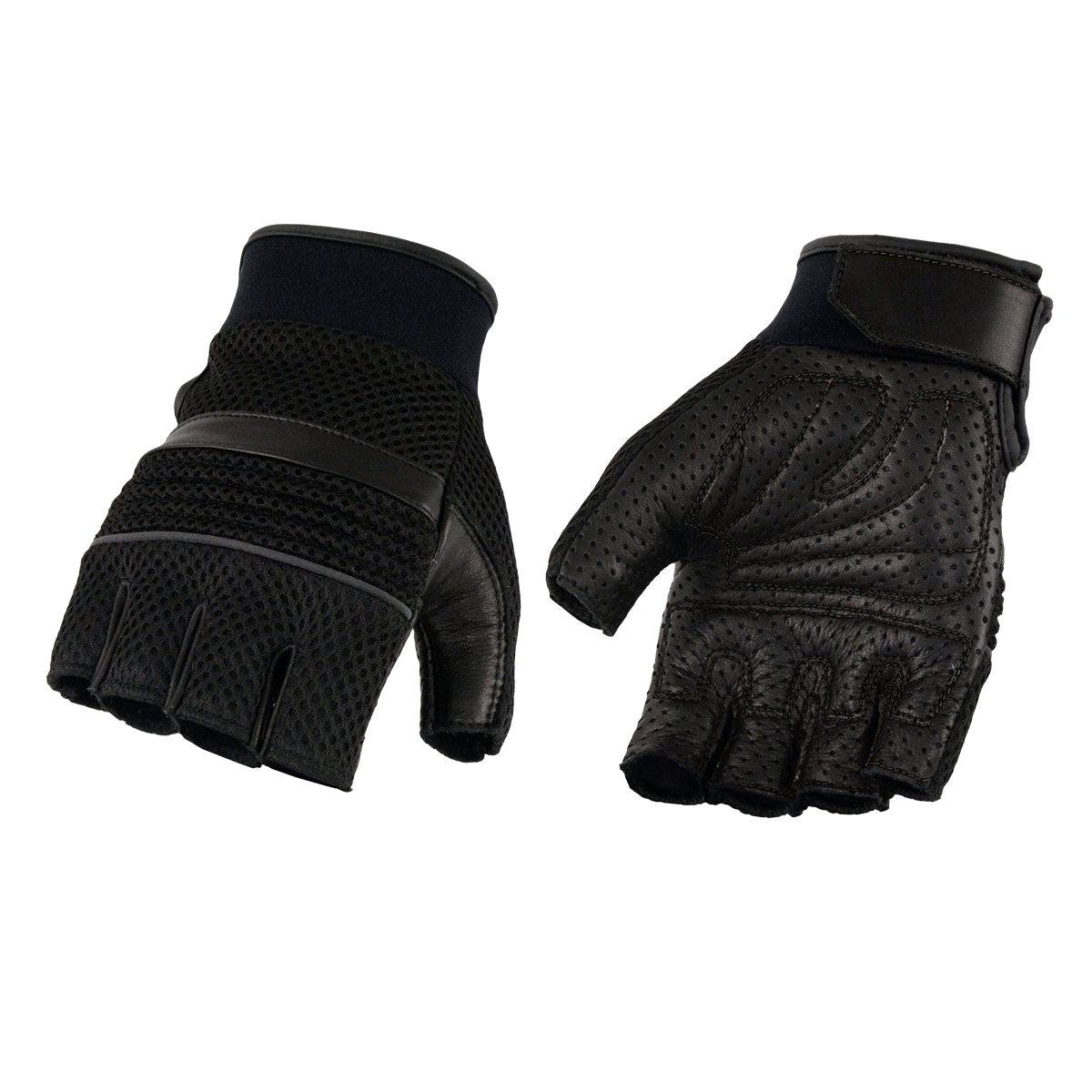 Milwaukee Leather MG7504 Men's Black Perforated Mesh Gel Palm Fingerless Motorcycle Hand Gloves W/ ‘Reflective Piping’