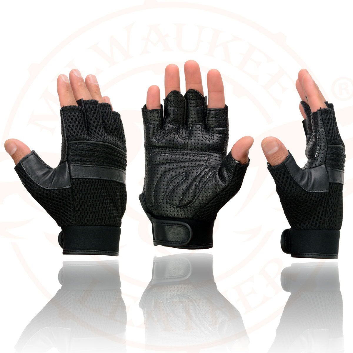 Milwaukee Leather MG7504 Men's Black Perforated Mesh Gel Palm Fingerless Motorcycle Hand Gloves W/ ‘Reflective Piping’
